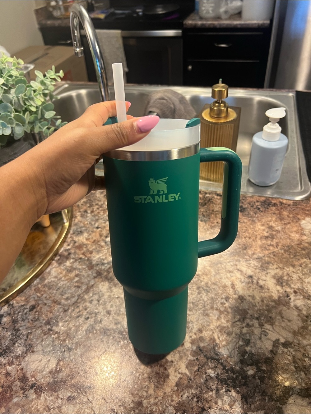 Stanley Green Travel Tumbler with Handle and Straw